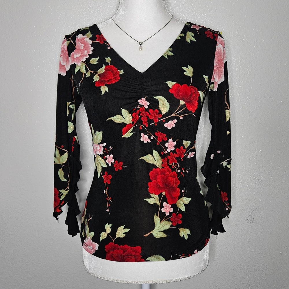 Y2k Floral V-Neck Ruffle Sleeve Cinched Bust‎ Top
